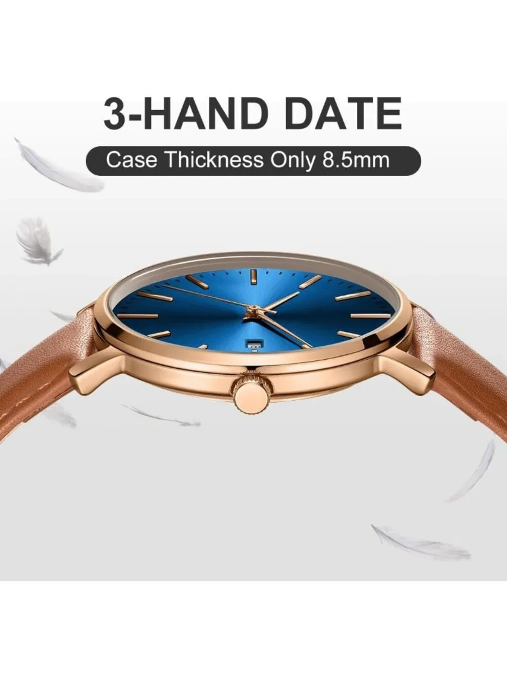 Men's Brown/Rose Gold/Blue Leather Strap Minimalist Waterproof Quartz Wristwatch